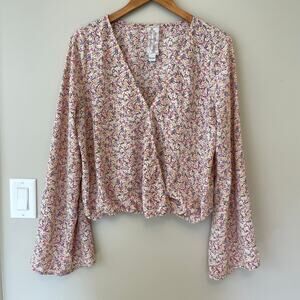 Sadie & Sage Womens XL Floral Crop Top Flare Sleeves V Neck Flowy Boho Prairie